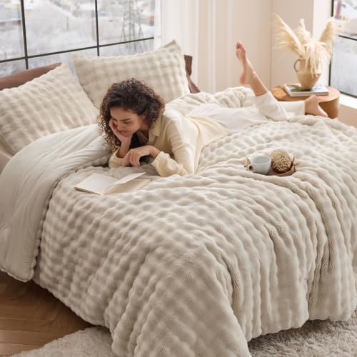 Bedsure CloudBubble Queen Comforter Set - Soft Fluffy Bedding Beige 3 Pcs