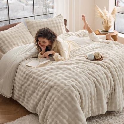 Bedsure CloudBubble Queen Comforter Set - Soft Fluffy Bedding Beige 3 Pcs