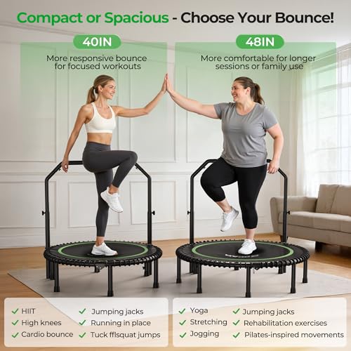 BCAN 450 LBS Foldable Mini Trampoline, 40" Fitness Trampoline with Adjustable Handle Bar, Bungees, Stable & Quiet Exercise Rebounder for Adults Indoor/Garden Workout-Green