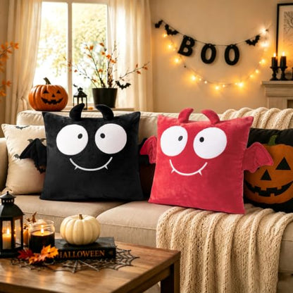 AELS Halloween Cute Monster Pillow Covers 18x18 Inch, Set of 2, Plush Spooky Throw Pillow Covers, Soft Decorative Cushion Cases for Couch Sofa Bedroom, Gothic Halloween Home Decor, Black and Red
