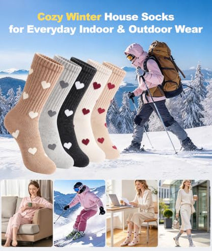 SIMIYA 5 Pairs Merino Wool Socks for Women Warm Extra Thick Winter Thermal | Super Warm for Cold Weather, Cozy Soft, Moisture-Wicking, Reinforced Toe, Crew Hiking Socks for Work Daily, Fun Cute Design