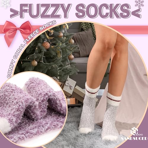 Womens Fuzzzy Socks Fluffy Slipper Winter Warm Cozy Thick Plush Cabin Soft Fleece Comfy Sleep Soft Socks Christmas Gift Stocking Stuffers for Mom Her Wife Teen Girls (Red Stripe Cuff)