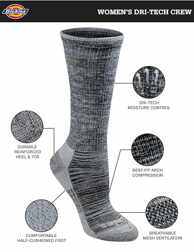 Dickies Women's Dri-tech Moisture Control Crew Socks Multipack, Black Heathered (6 Pairs), X-Large