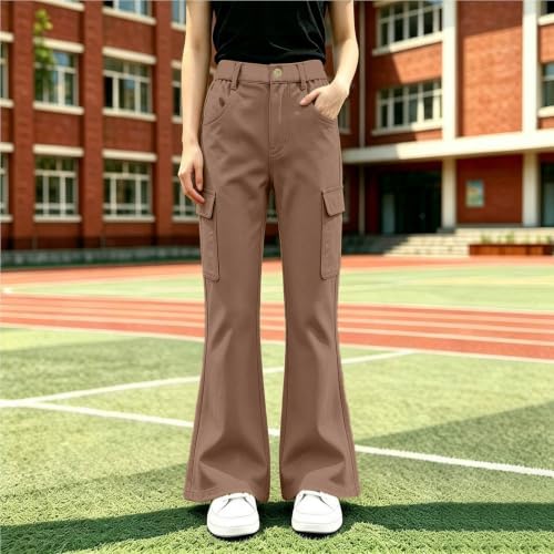 Girls Cargo Pants School Uniform Flare Pants High Waisted Trousers Khaki