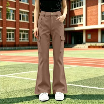 Girls Cargo Pants School Uniform Flare Pants High Waisted Trousers Khaki