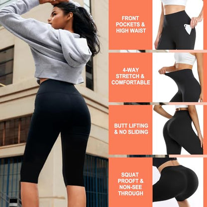DHSO Women's Knee Length Leggings, High Waisted Biker Shorts with Pockets