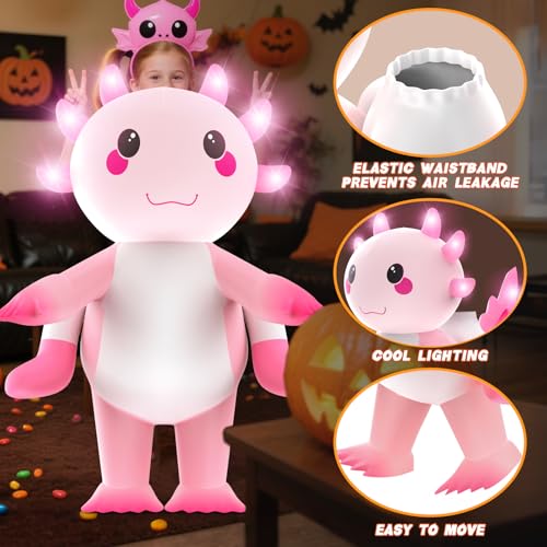 Inflatable Costume for kids,Inflatable Axolotl Riding Costume with Lights,Halloween Glow in The Dark Blow up Costumes