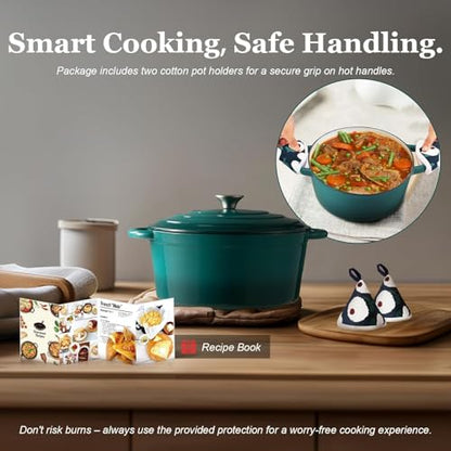 Overmont Enameled Cast Iron Dutch Oven - Lid Cookbook 5.5QT Darkcyan