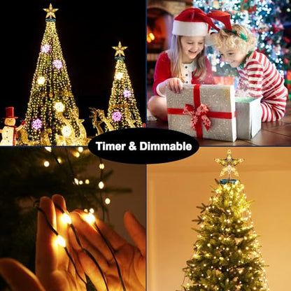 Christmas Tree Lights with Star Topper, 400LED Christmas String Lights with Ring for Tree, 6.6FT x 16 Drop Fairy Lights with 8 Modes Timer Remote for Indoor Outdoor Xmas Tree Decor, Warm White
