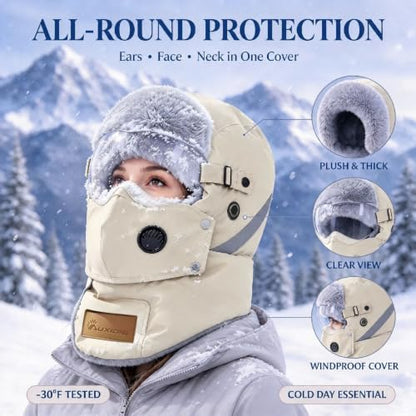 Generic Unisex Winter Trapper Hats Windproof Plush Fleece Hat with Goggles | 4 in 1 Winter Thermal Hat with Glasses, Cold Weather Warm Ski Hat for Men Women, Full Face Cover Fleece Lined Earflap Hat