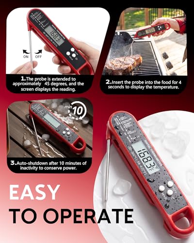 Digital Meat Thermometer with Folding Probe, Instant Read Food Thermometer, 4-Second Fast Accurate Thermometer with Large LCD Display for Cooking Kitchen BBQ