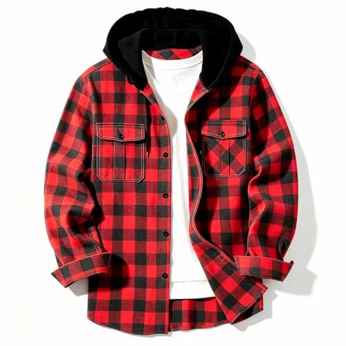 Hoodies for Men Plaid Graphic Hooded Button Down Jacket with Chest Pockets