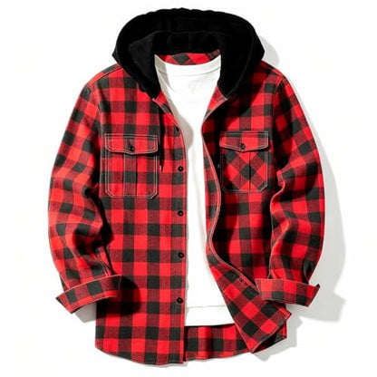 Hoodies for Men Plaid Graphic Hooded Button Down Jacket with Chest Pockets
