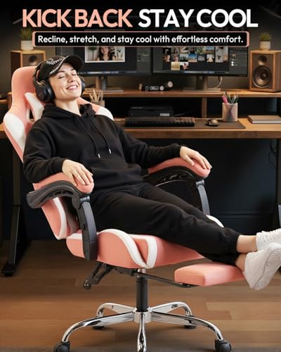 Ergonomic Gaming Chair with Footrest, Heavy Duty 330lbs Office Chair, Massage Lumbar Support, Adjustable Height & Headrest Pillow, Comfortable for Back Pain Relief, Streaming, Long Gaming, Pink