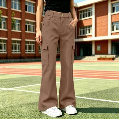 Girls Cargo Pants School Uniform Flare Pants High Waisted Trousers Khaki