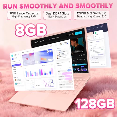 Auusda Lightweight Portable Pink Laptop, Win 11 Pro, 4-Core Processor