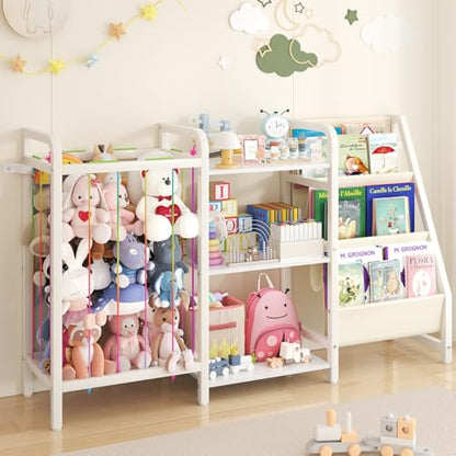 CYXPHION B1 Kids Bookshelf and Toy Storage, 3-Tier Book Shelf for Kids Rooms, Sling Baby Bookcase with Animal Storage, Montessori Toddler Bookshelf for Nursery, Bedroom, Playroom, White