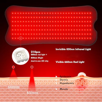 Red Light Mat for Body, 31.5" x 14" Large Red Light Mat,210LEDs 660nm&850nm Red & Near Infrared Light 5 Brightness and 5 Time Settings for Legs, Back, Waist, Shoulders Neck Black