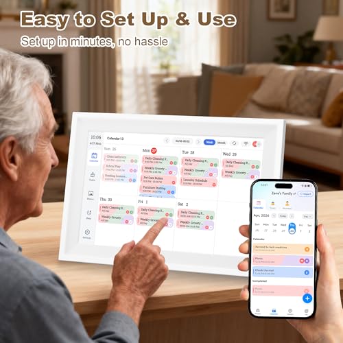 Telonixium Smart Digital Calendar, 10.1" Touch Screen Family Planner | 1080P HD touch display with Chore Chart, photo sharing and app sync—practical Christmas gift for busy families.