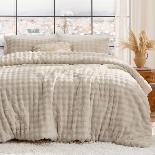 Bedsure CloudBubble Queen Comforter Set - Soft Fluffy Bedding Beige 3 Pcs