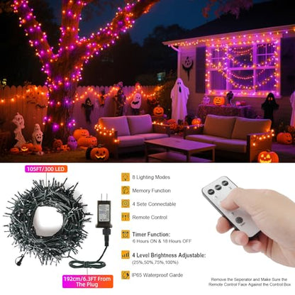 Tcamp 105FT 300 LED Orange Purple Halloween Lights Remote Timer Memory