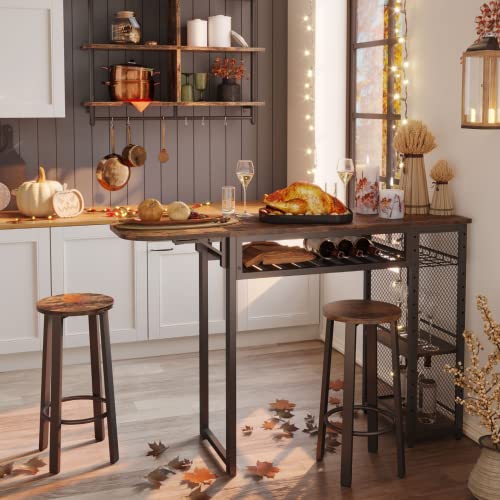 Bestier Bar Table and Chair Set, Industrial Expandable Dining Table with 2 Bar Stools, Kitchen Counter with Wine Rack & 3 Tier Adjustable Storage Shelves Rustic Brown