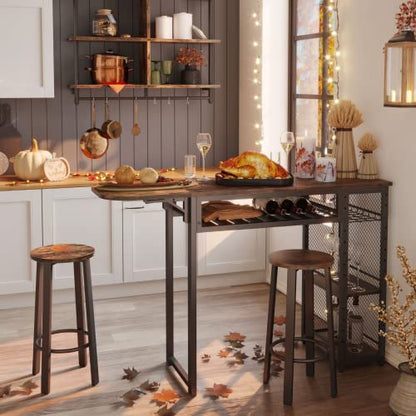 Bestier Bar Table and Chair Set, Industrial Expandable Dining Table with 2 Bar Stools, Kitchen Counter with Wine Rack & 3 Tier Adjustable Storage Shelves Rustic Brown