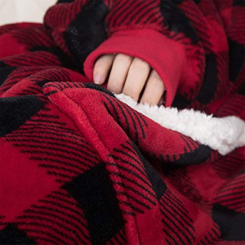 IvyH Oversized Hoodie Blanket Sweatshirt, Super Soft Hoody Home Leisure Plush Hooded Sweater One Size fits Men Women Girls Boys Unisex(Red Plaid)