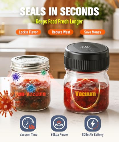 Mason Jar Vacuum Sealer Kit for Wide and Regular Mason Jars | USB Charging, Rechargeable 1200mAh Battery, Smart One-Touch Button, Portable Vacuum Sealer for Food Storage and Fermentation