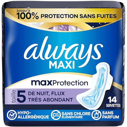 Always Maxi Pads, Extra Heavy Overnight Pad with Wings, Size 5, 14 Count