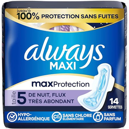 Always Maxi Pads, Extra Heavy Overnight Pad with Wings, Size 5, 14 Count