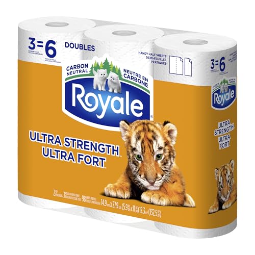 Royale Tiger Strong Paper Towel, 3 Double Equal 6 Rolls, 98 Half Sheets per Roll, White