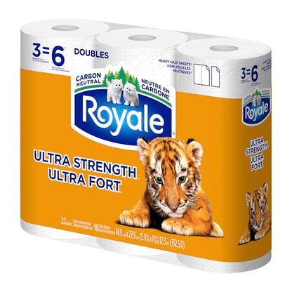 Royale Tiger Strong Paper Towel, 3 Double Equal 6 Rolls, 98 Half Sheets per Roll, White