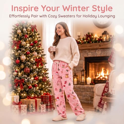 Generic Womens Fleece Pajamas Pants Cute Christmas Pj Pants Plush Sleepwear | Warm Soft Pj Pants for Women Christmas Pajamas Pants Cute Santa Hat Print Pj Bottoms Fuzzy Drawstring Lounge Pant with Pocket