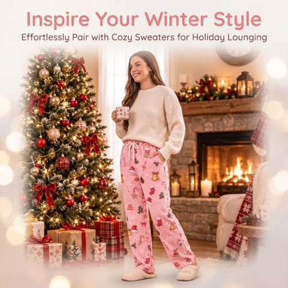 Generic Womens Fleece Pajamas Pants Cute Christmas Pj Pants Plush Sleepwear | Warm Soft Pj Pants for Women Christmas Pajamas Pants Cute Santa Hat Print Pj Bottoms Fuzzy Drawstring Lounge Pant with Pocket