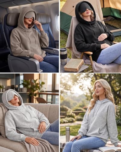 Hithymo Travel Hoodie with Eye Mask Cotton Blend Lightweight Sweatshirts