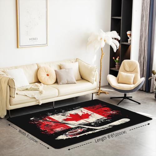 Feelyou Kids Ice Hockey Area Rug 3x5 Canada Flag Living Room Rugs for Boys Girls Winter Sports Decorative Carpet Indoor Floor Mat