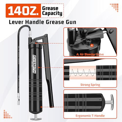 FIXSMITH Professional Lever Action Grease Gun- Heavy Duty Construction-10,000 PSI Max Pressure,Includes 12" Reinforced Flex Hose & 7" Rigid Extension,2-Way Loading-14 oz.Cartridge & Bulk Fill.