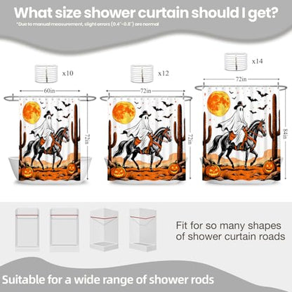 Leowefowa Halloween Western Cowboy Ghost Shower Curtain, Cute Spooky Ghost on Horse Desert Shower Curtain with Pumpkin Moon & Cactus, Funny Halloween Bathroom Curtains for Kids, 72''Wx72''L