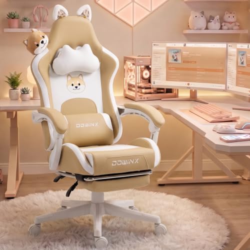Dowinx Cat Ear Gaming Chair for Adults, Ergonomic Computer Chair with Massage Lumbar Support, Reclining Gamer Chair with Footrest and Headrest, 290 lbs
