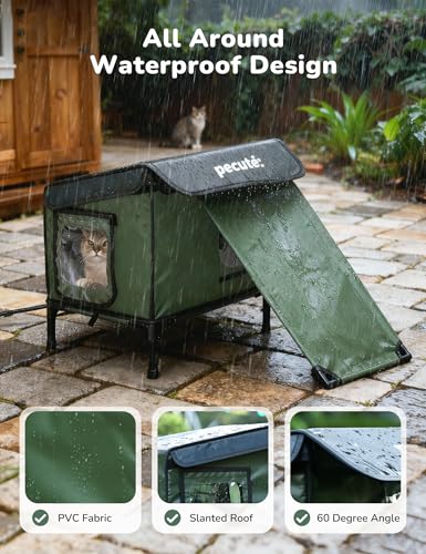 Pecute Heated Outdoor Cat House, Weatherproof Insulated Shelter | 6-layer insulation, 2 Exits, Reinforced Metal Frame, Adjustable Canopy, Washable Pad, For Feral Cats, Porch, Barn, Winter