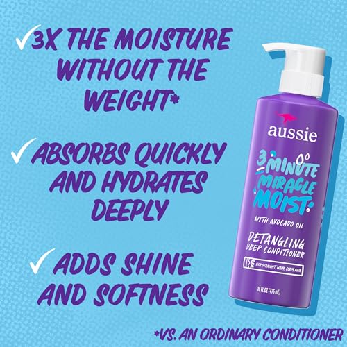 Aussie 3 Minute Miracle Moist Detangling Deep Conditioner Treatment with Avocado Oil, Paraben and Sulfate Free, 1.42 L in Total (3 Count of 475 mL Each)