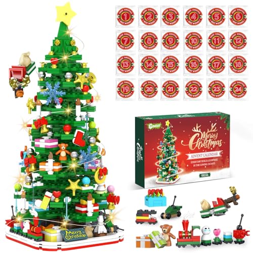 Advent Calendar 2026 Adult Teen Boy Girls Kids Christmas Tree Building Set Toys with Led light, Holiday 24 Days Christmas Countdown Calendars Xmas Tree, Fun Cute Gifts (1083 PCS)