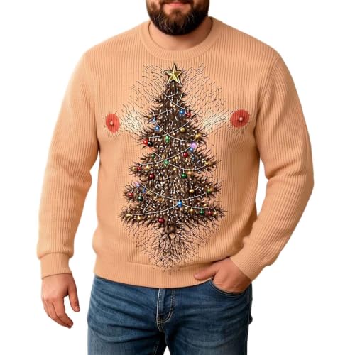 Ugly Christmas Sweatshirt for Men Fake Santa Print Long Sleeve Crew Neck Pullover Tops Funny Holiday Novelty Clothes Men Sweatshirt Large Khaki