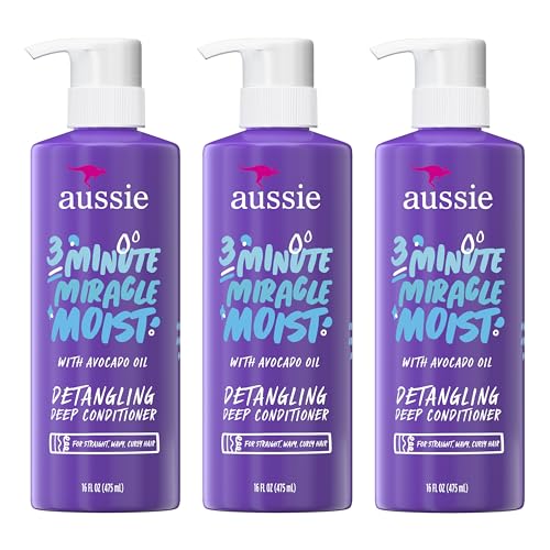 Aussie 3 Minute Miracle Moist Detangling Deep Conditioner Treatment with Avocado Oil, Paraben and Sulfate Free, 1.42 L in Total (3 Count of 475 mL Each)