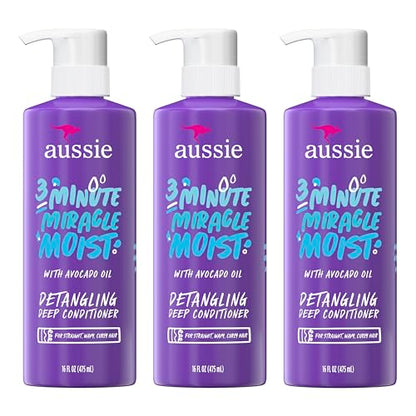 Aussie 3 Minute Miracle Moist Detangling Deep Conditioner Treatment with Avocado Oil, Paraben and Sulfate Free, 1.42 L in Total (3 Count of 475 mL Each)