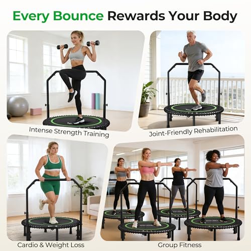BCAN 450 LBS Foldable Mini Trampoline, 40" Fitness Trampoline with Adjustable Handle Bar, Bungees, Stable & Quiet Exercise Rebounder for Adults Indoor/Garden Workout-Green