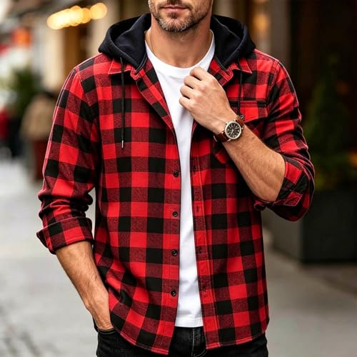 Hooded Flannel Jacket Men Long Sleeve Button Down Plaid Shirt Red