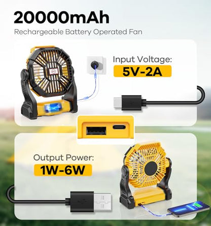 DOWILLDO 20000mAh Battery Operated Fan, Camping Fan Rechargeable with LED Light & Hooks, Portable Tent Fan Outdoor for Picnic, Barbecue, Fishing, Travel（Yellow）