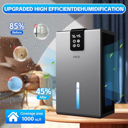 Dehumidifier, 98 OZ Water Tank, Dehumidifier for Home 1000Sq.Ft Quiet Dehumidifiers for Basement, Bedroom, Bathroom, RV with Humidity Display, Auto Shut Off, Relaxing 7 Color Ambient Light(Gray)